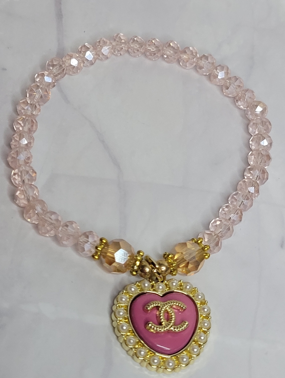 Pink Faceted Glass Beaded Stretch Bracelet, CC Heart Pink/pearl Zip Pull